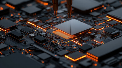 Poster - A computer chip is lit up with orange lights. Concept of technology and innovation