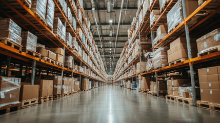 Poster - A large warehouse with many boxes stacked on shelves. The boxes are mostly cardboard and are in various sizes. The warehouse is very large and has a lot of space