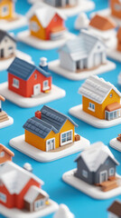 Poster - A row of houses are shown in a blue background. The houses are all different colors and sizes, and they are arranged in a grid pattern