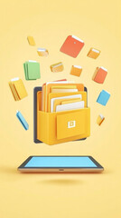 Poster - A tablet with a yellow folder on it with many other folders in the air. The folder is labeled with the letter J