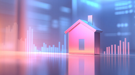 Poster - A house is shown in a graph with a pinkish hue. The house is small and has a window. The graph is showing a downward trend