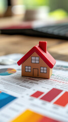Poster - A small red house is sitting on top of a stack of papers. The papers are filled with graphs and numbers, suggesting that the house is being evaluated for a real estate deal