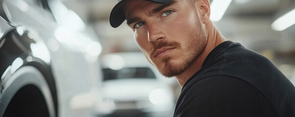 A man with a beard and a black hat is standing in front of a white car. He is looking at the camera with a serious expression