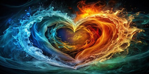 Wall Mural - A cosmic heart formed from the fusion of swirling blue and fiery orange nebulae, an ethereal dance of celestial elements