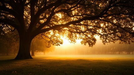 Wall Mural - large tree with a lot of leaves is in the foreground of a field. the sun is shining on the tree, cas