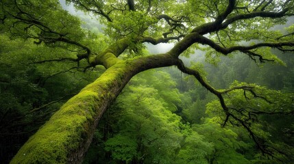 Wall Mural - large tree with moss growing on it. the tree is surrounded by green leaves and branches. concept of 