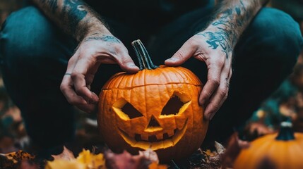 Person holding up a carved jack-o'-lantern pumpkin with a spooky smile.