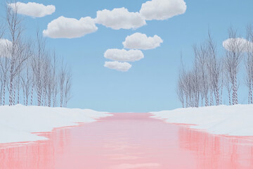 A pink river flows through a snowy landscape