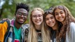 © CYBERUSS - Diverse Group of Happy Young Multiracial Students Smiling and Posing Together Outdoors on a College or University Campus,Representing Inclusion,Friendship,and Community in Education
