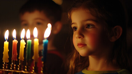 A child observing the menorah lighting during a joyous Hanukkah celebration at home