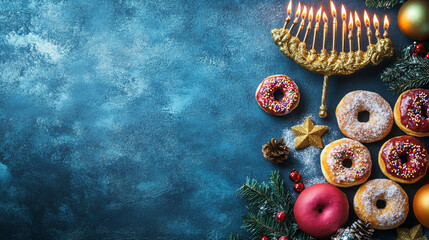 Colorful donuts and a menorah arranged for a festive Hanukkah celebration at home