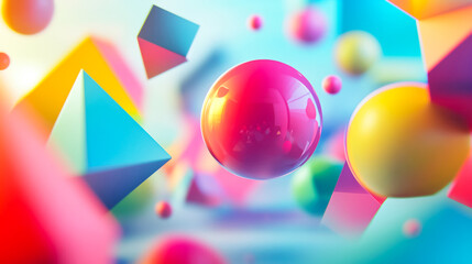  abstract 3D background featuring vibrant geometric shapes in various colors, with smooth gradients and dynamic angles, set against a soft, blurred backdrop.