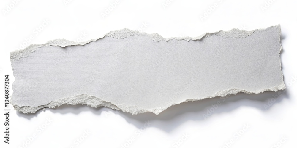 An irregular, torn strip of paper with a textured surface rests atop a pristine white background, ready to receive a message or a new beginning.
