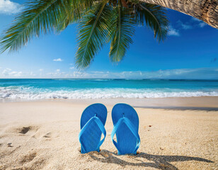 Blue flip flops on a sandy beach with palm tree and sea background