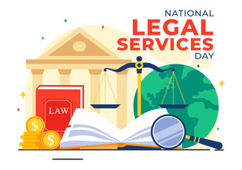 National Legal Services Day Vector Illustration featuring Scales and law books to Justice and Equal Rights for Everyone in Society in a Background