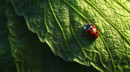 Poster - Red Ladybug on Green Leaf in Soft Natural Light
