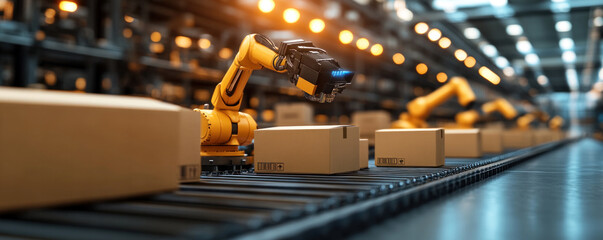Poster - A robot is working on a conveyor belt with boxes. The robot is yellow and has a blue light on its head. The boxes are brown and are stacked on top of each other