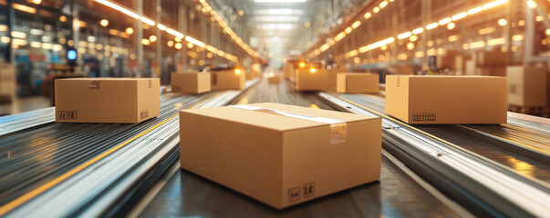 Poster - A conveyor belt with boxes on it. The boxes are brown and have white writing on them