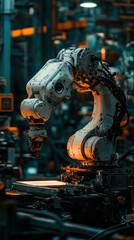 Poster - A robot is standing in a factory with a light on its head. The robot is white and has a yellow light on its head