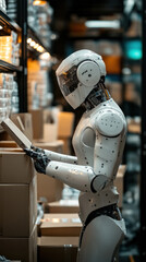 Poster - A robot is standing in a warehouse and reading a book. The robot is white and has a robotic arm. The warehouse is filled with boxes and shelves