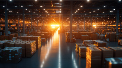 Poster - A warehouse with many boxes stacked on top of each other. The boxes are all different sizes and colors. The warehouse is lit up with bright lights, creating a sense of energy and productivity