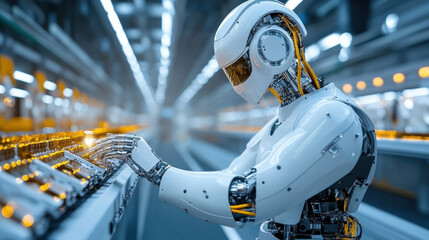 Poster - A robot is typing on a keyboard in a factory. The robot is white and has a metallic appearance. Concept of technology and automation in the workplace