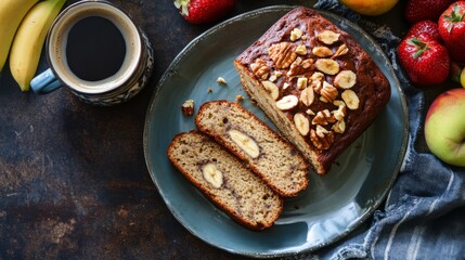 Poster - Freshly Baked Banana Bread with Fruits and Coffee