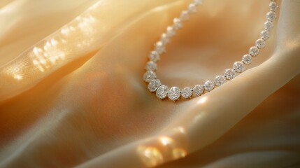 Fototapete - Elegant Diamond Necklace on Soft Satin Fabric