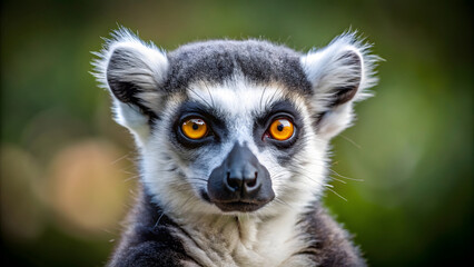 Ring-tailed lemur, a wild mammal native to Madagascar, sits on the ground with its fluffy white and black tail curled around its body, staring intently at the camera