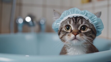 Poster - Adorable Cat in Shower Cap Sitting in Bathtub