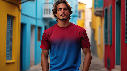 Wall Mural - A young man is wearing a short sleeved shirt with a combination of red and blue colors