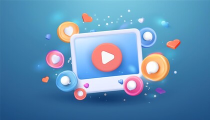 Poster - A colorful digital illustration featuring a video player icon surrounded by vibrant circular elements on a blue background.