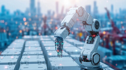 Poster - A robot is grabbing a box from a stack of boxes. The robot is white and has a robotic arm. The robot is in a city with a lot of buildings in the background