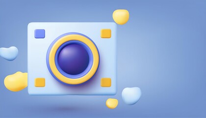 A colorful graphic featuring a playful camera icon surrounded by abstract shapes on a blue background.