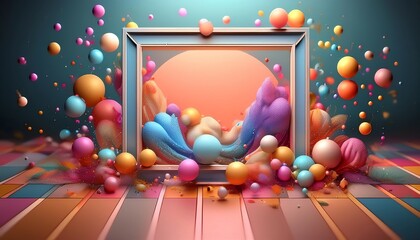 Poster - A colorful, abstract scene featuring a frame surrounded by vibrant spheres, set against a gradient background, creating a playful and imaginative atmosphere.