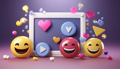 A vibrant arrangement of playful emojis, colorful shapes, and a frame, creating a cheerful, social media-themed atmosphere.