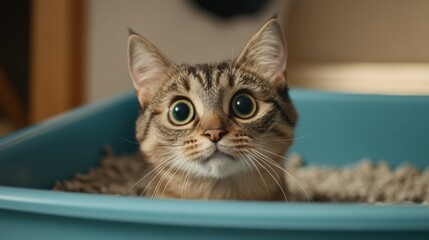 Poster - Cute Cat with Big Eyes in Blue Bed