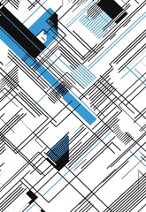 Poster - A seamless pattern with digital blue and black lines, their colors creating an abstract tech-inspired design on white background, vector illustration minimalistic, simple clean,