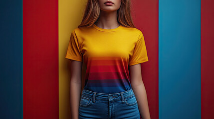 Wall Mural - A young woman wearing red and yellow short sleeves