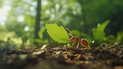 Poster - Ant Carrying Leaf in Lush Green Forest Setting