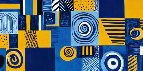 Poster - A pattern of abstract shapes and lines in bright primary colors,