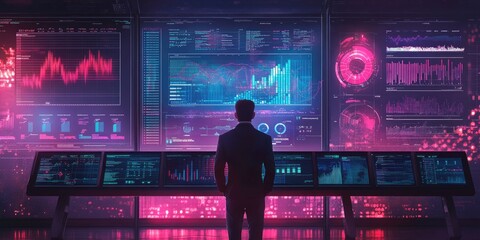 Fototapete - Big data analytics and business intelligence concept displayed on a digital interface with charts and graphs, while a businessman analyzes the information.