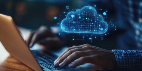 Aufkleber - A man working on a laptop with a cloud computing diagram floating above his hand, representing cloud technology, data storage, and online services.