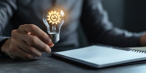 Fototapete - A hand holding a light bulb with a gear icon inside while using a notebook, representing the inspiration and innovation born from online technology.