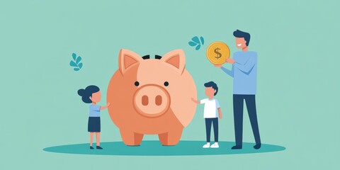 A businessman places a coin in a piggy bank next to an icon representing family, symbolizing saving, charity, family finance, and investment planning.