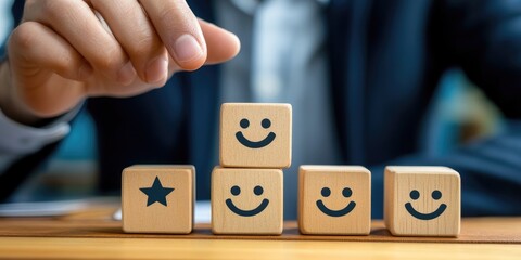 Aufkleber - Excellent business service rating and customer experience concept. A businessmans hand selecting a smiley face on a wooden block cube representing 5-star satisfaction.