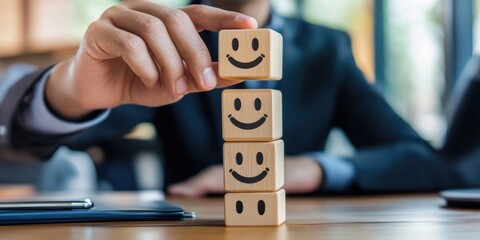 Aufkleber - Excellent business service rating and customer experience concept. A businessmans hand selecting a smiley face on a wooden block cube representing 5-star satisfaction.