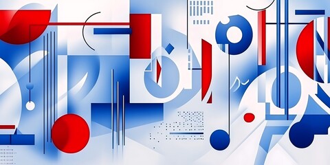 Poster - A pattern of abstract shapes and lines in bright primary colors,