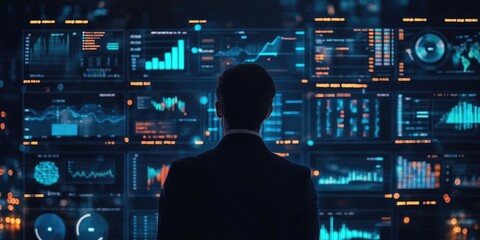 Poster - Big data analytics and business intelligence displayed on a digital interface with chart and graph icons, while a businessman analyzes data in the background.
