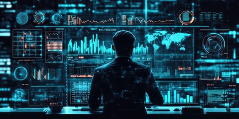 Poster - Big data analytics and business intelligence displayed on a digital interface with chart and graph icons, while a businessman analyzes data in the background.